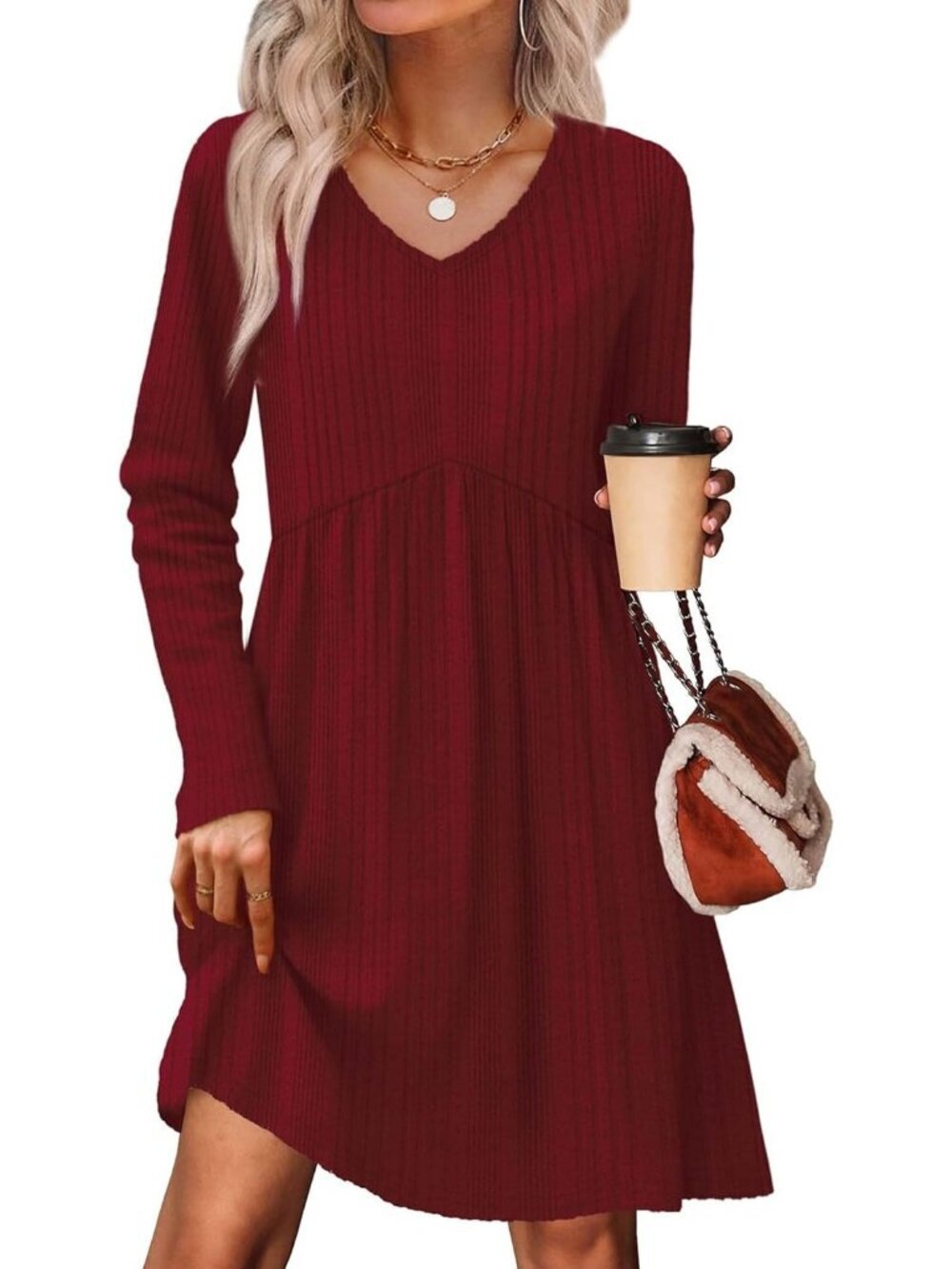 Women's Red Neck Empire Waist Baby Doll Long Casual with Pocket Mini Dress